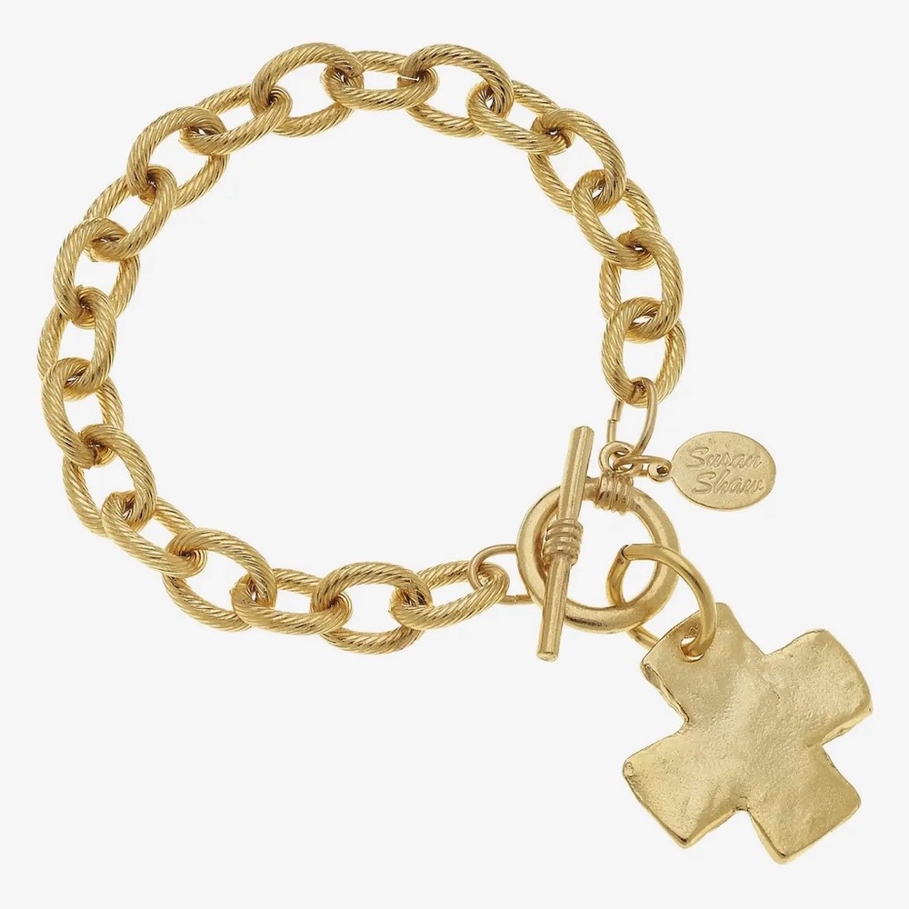 Gold Link Bracelet with Cross Charm -